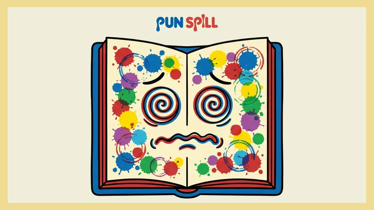 A passport covered in colorful ink stamps with an overwhelmed expression for ink puns