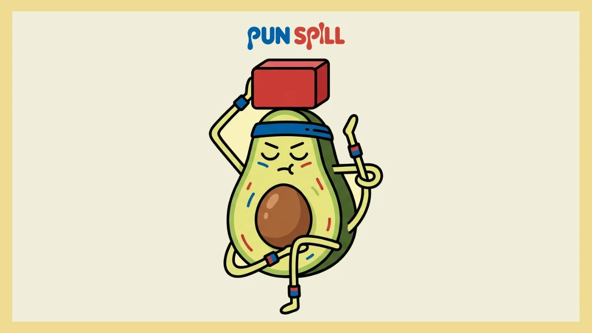 A happy avocado doing a yoga pose to represent food and plant positive puns.