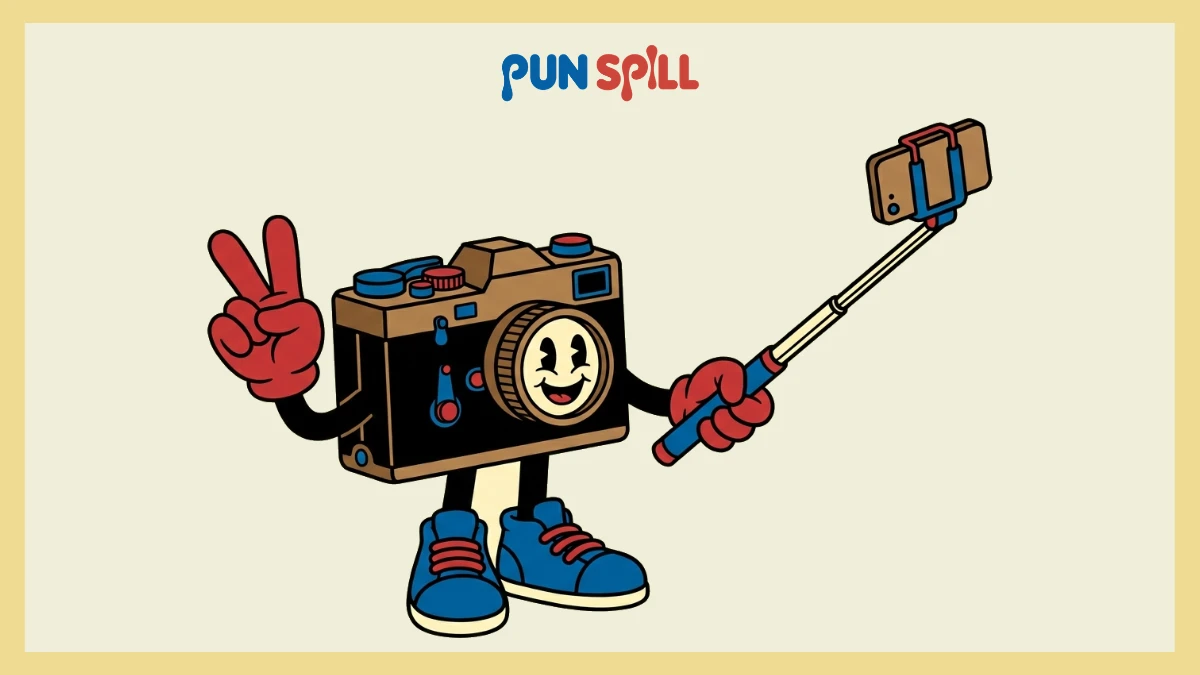 A vintage camera taking a selfie and making a peace sign for positive pun captions.
