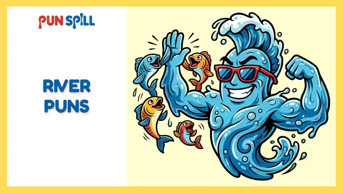 A cool anthropomorphic river character with sunglasses and a mohawk high-fiving fish, illustrating funny river puns.