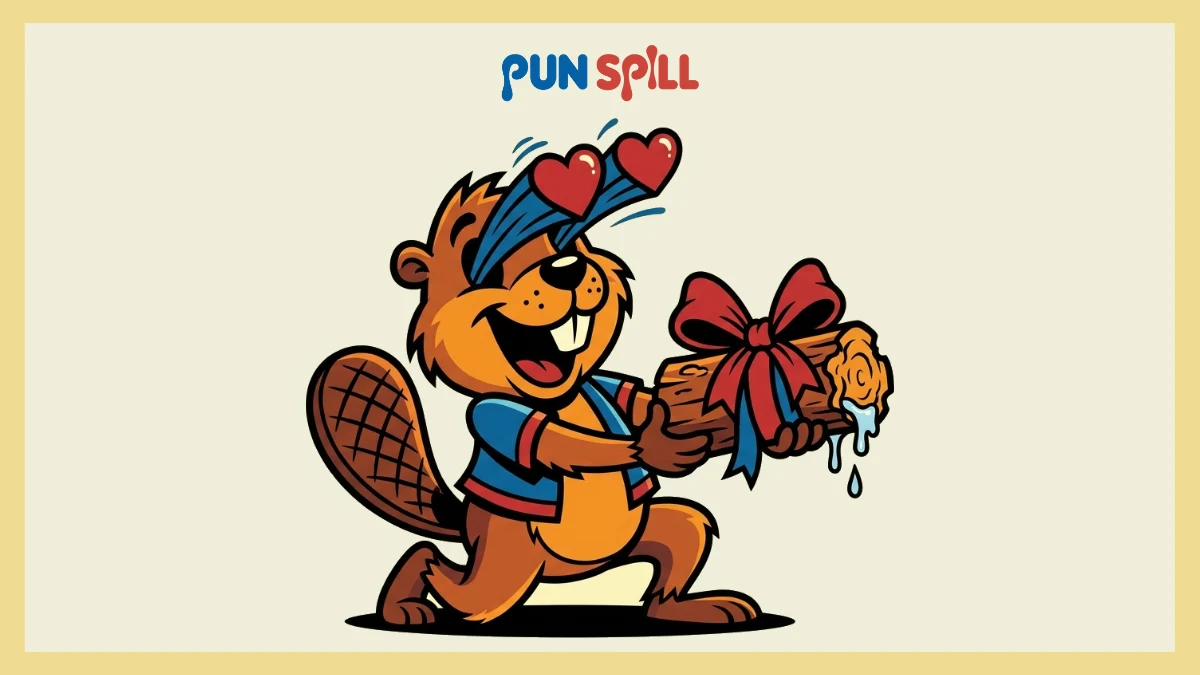A dramatic, swooning cartoon beaver holding out a half-chewed log wrapped in a bow for romantic beaver puns.