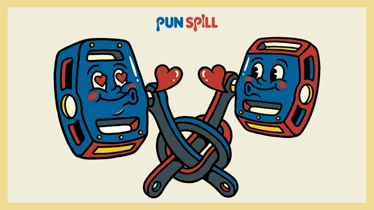 Two cartoon bicycle pedals with romantic expressions blowing kisses and getting hopelessly tangled up for romantic bicycle puns.