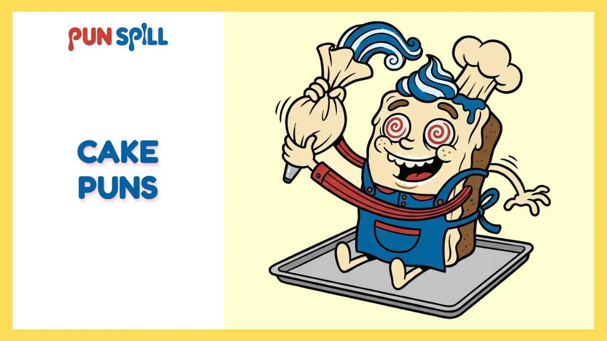 Cartoon illustration of a stressed sheet cake frosting itself with a piping bag for a funny cake puns collection.