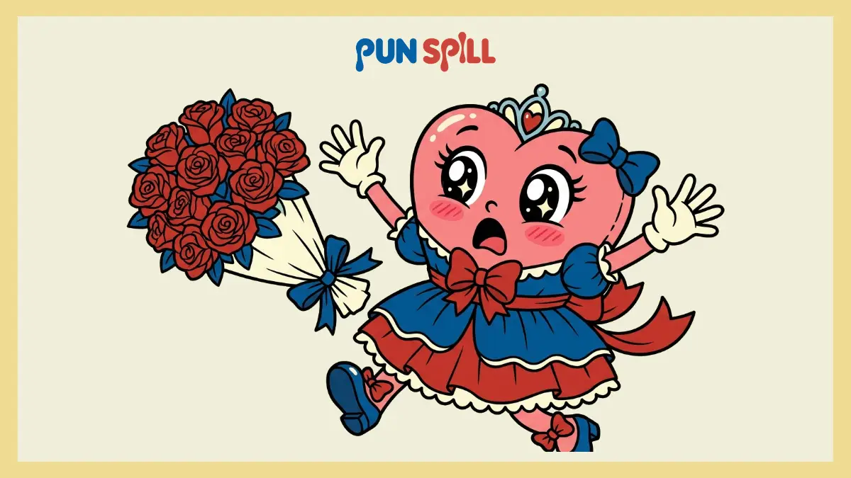 A blushing cartoon heart character in a magical girl outfit dropping a bouquet in shock, representing shojo anime puns.