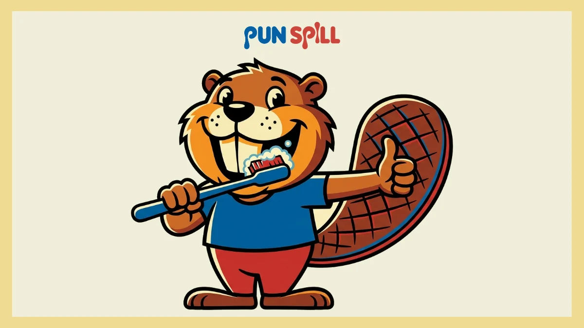 A goofy cartoon beaver with giant buck teeth polishing them with a massive toothbrush for teeth and tail humor.