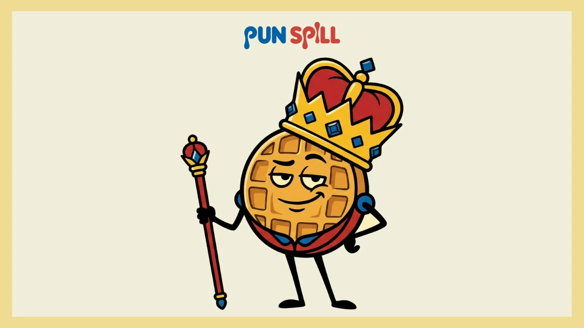A fancy waffle character wearing a gold crown and holding a royal scepter, representing Donkey and Fiona Shrek puns.