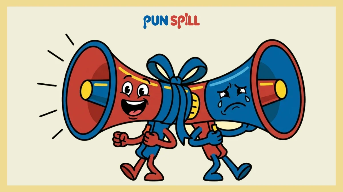 Two cartoon megaphones tied together in an awkward duet for choir singing puns.
