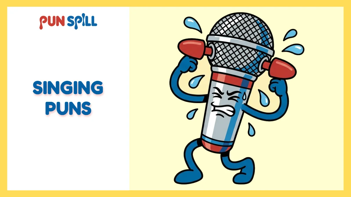 A cartoon karaoke microphone plugging its ears in agony to illustrate funny singing puns.