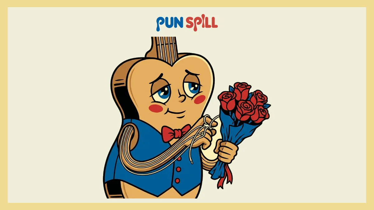 A lovestruck cartoon acoustic guitar holding roses to illustrate romantic singing puns.