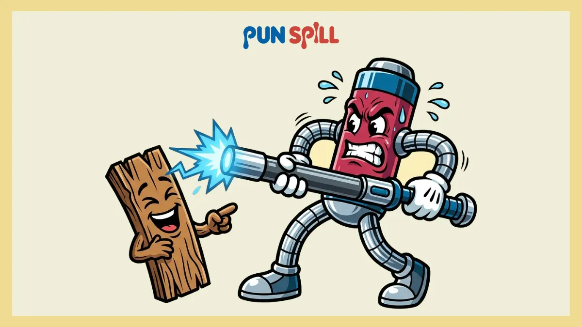 Frustrated cartoon sonic gadget failing to open a laughing wooden plank for nerdy Doctor Who puns.