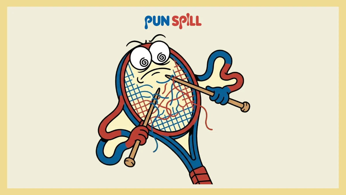 A frantic cartoon tennis racket trying to knit its own broken strings, depicting jokes about tennis rackets.