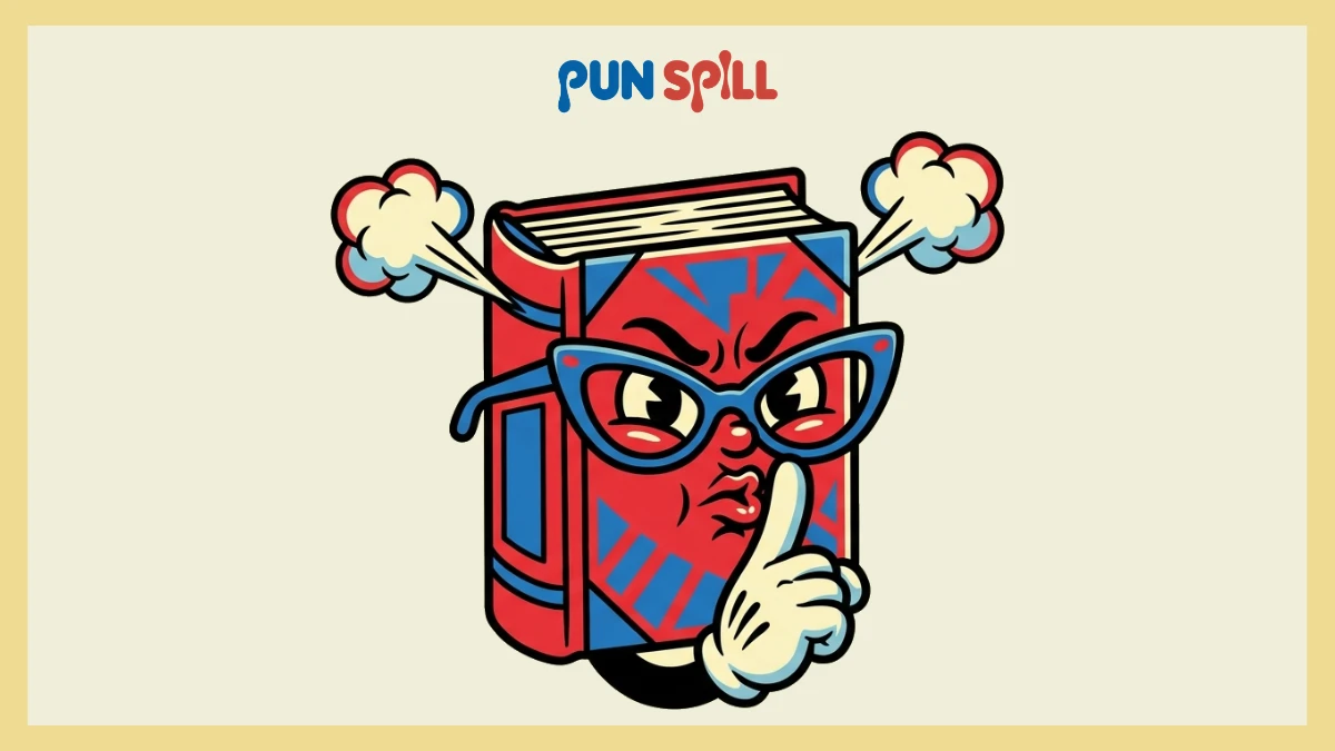 An angry anthropomorphic book wearing thick glasses aggressively shushing someone for terrible library puns.