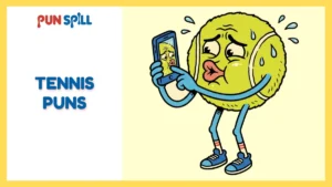 An anthropomorphic tennis ball making a cringey duck face while taking a selfie, representing terrible tennis puns for Instagram captions.