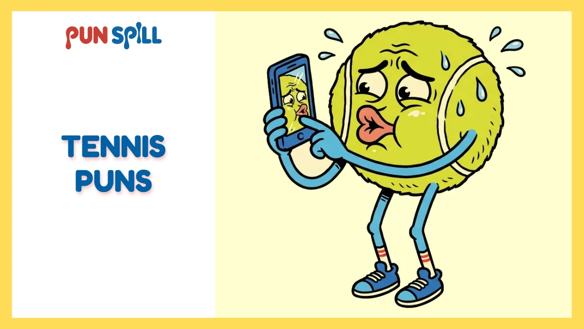 An anthropomorphic tennis ball making a cringey duck face while taking a selfie, representing terrible tennis puns for Instagram captions.
