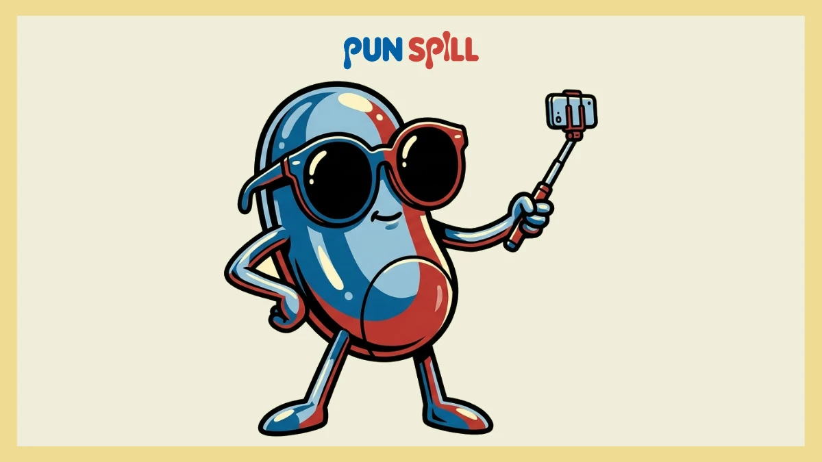 An arrogant anthropomorphic shiny bean wearing sunglasses and posing for a selfie, representing Chicago puns.