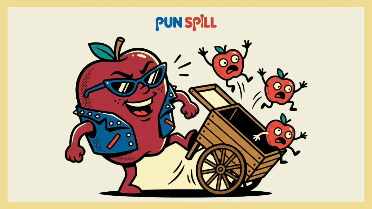 Rebellious cartoon bad apple in a biker vest kicking over a wooden cart of panicked apples for twisted apple puns and idioms