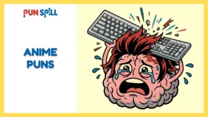 An exaggerated cartoon brain with spiky anime hair crying and smashing a keyboard over its head in regret, representing a terrible collection of anime puns.