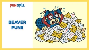 An exhausted cartoon beaver pulling its fur out while buried under a giant pile of joke scripts, representing beaver puns.