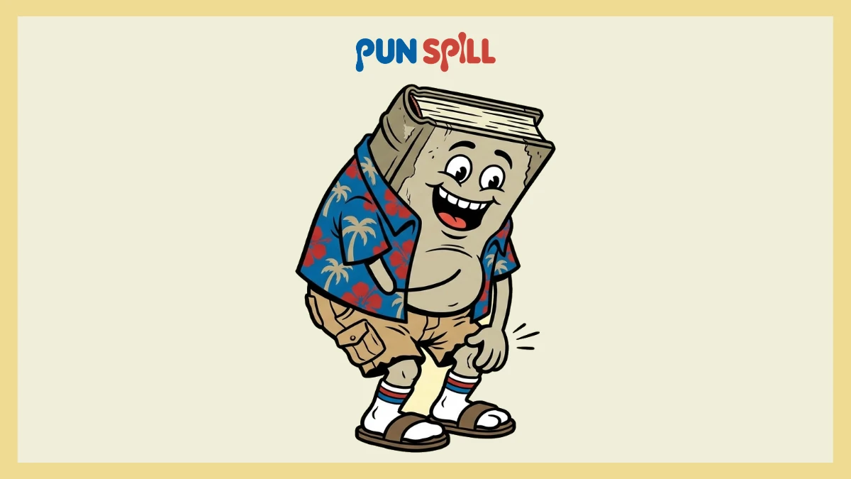 An anthropomorphic book dressed in a dad outfit laughing hysterically at its own literature puns.