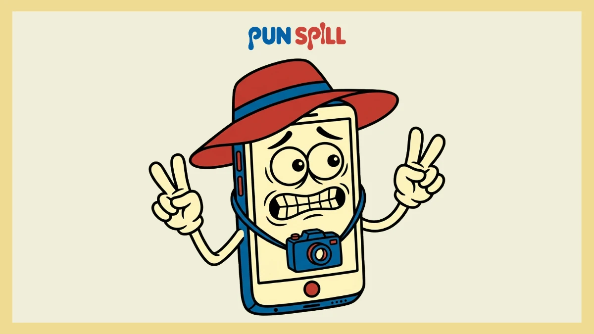 Frantic anthropomorphic smartphone posing dramatically for vacation puns Instagram captions.