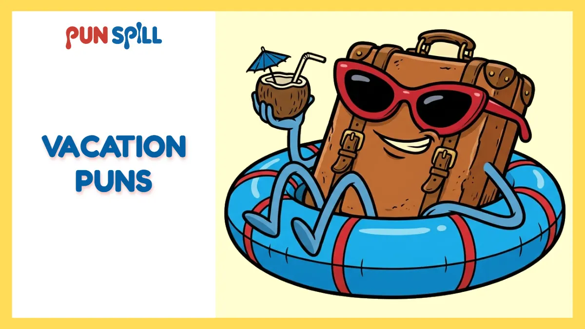 Anthropomorphic suitcase lounging on an inflatable ring illustrating vacation puns.