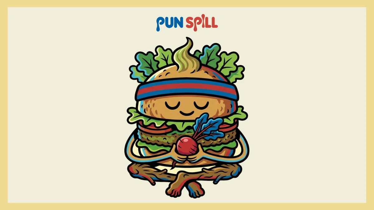A zen plant-based veggie burger meditating, representing vegan burger puns.