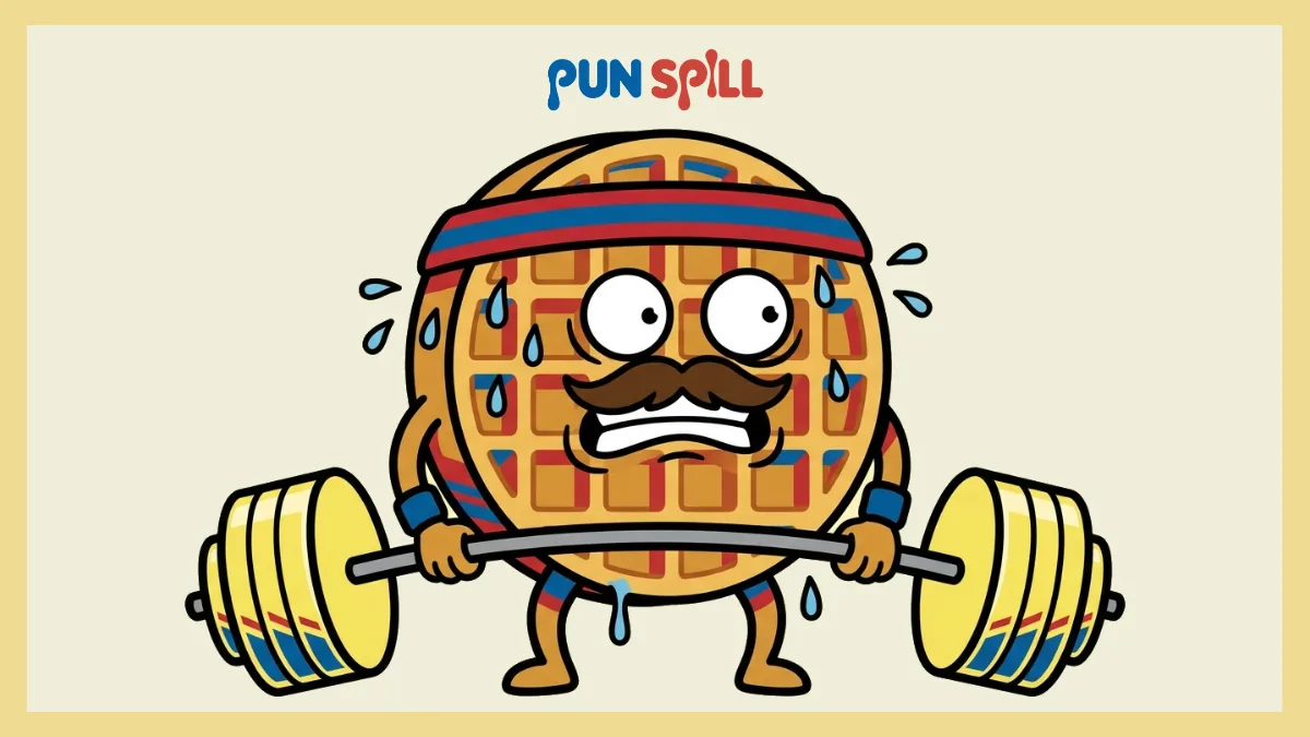 Funny cartoon illustration for waffle puns featuring a dad waffle straining to bench press a heavy barbell made of butter.