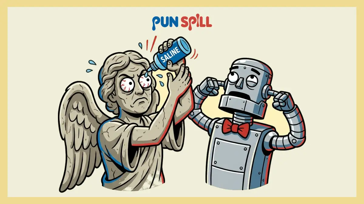 Cartoon stone angel statue using eye drops next to an exhausted silver robot for Doctor Who puns.