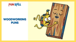 A frantic cartoon tape measure hugging a wooden plank to represent woodworking puns and carpentry jokes.
