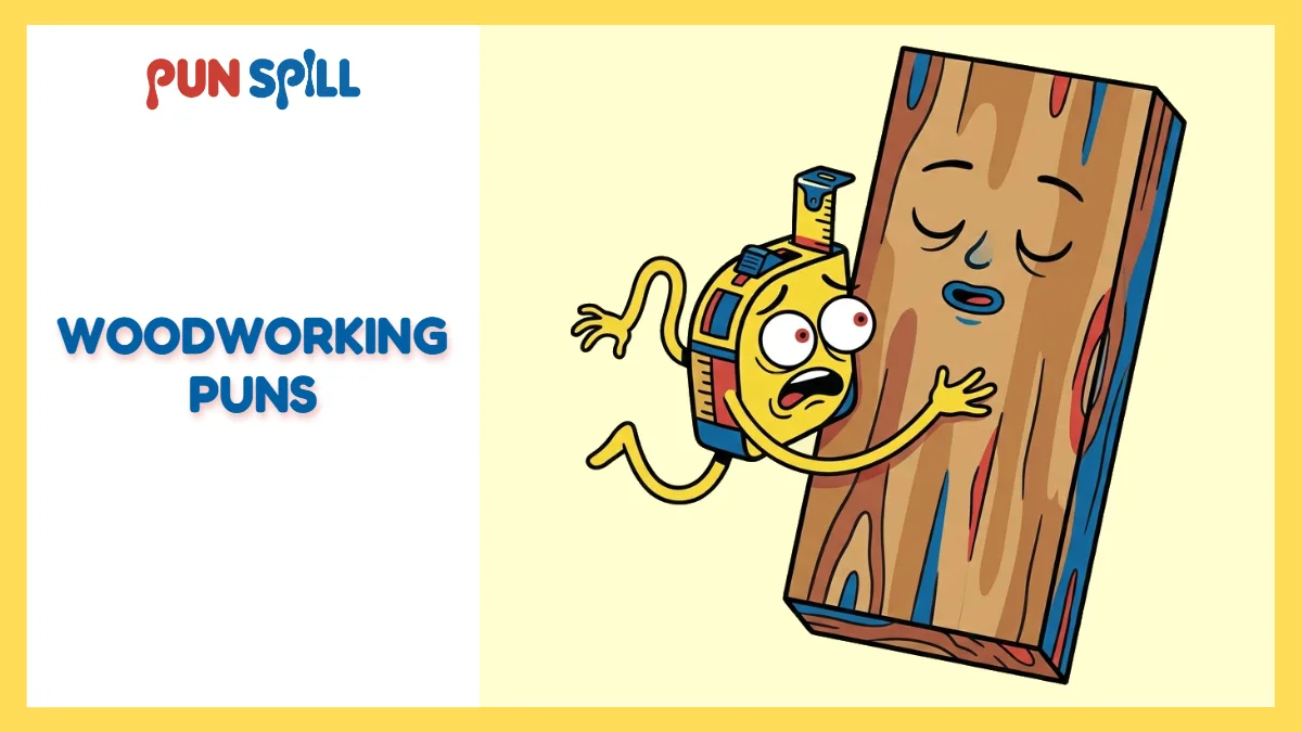 A frantic cartoon tape measure hugging a wooden plank to represent woodworking puns and carpentry jokes.
