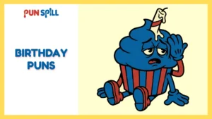 A distressed, anthropomorphic birthday cupcake face-palming to represent terrible birthday puns.