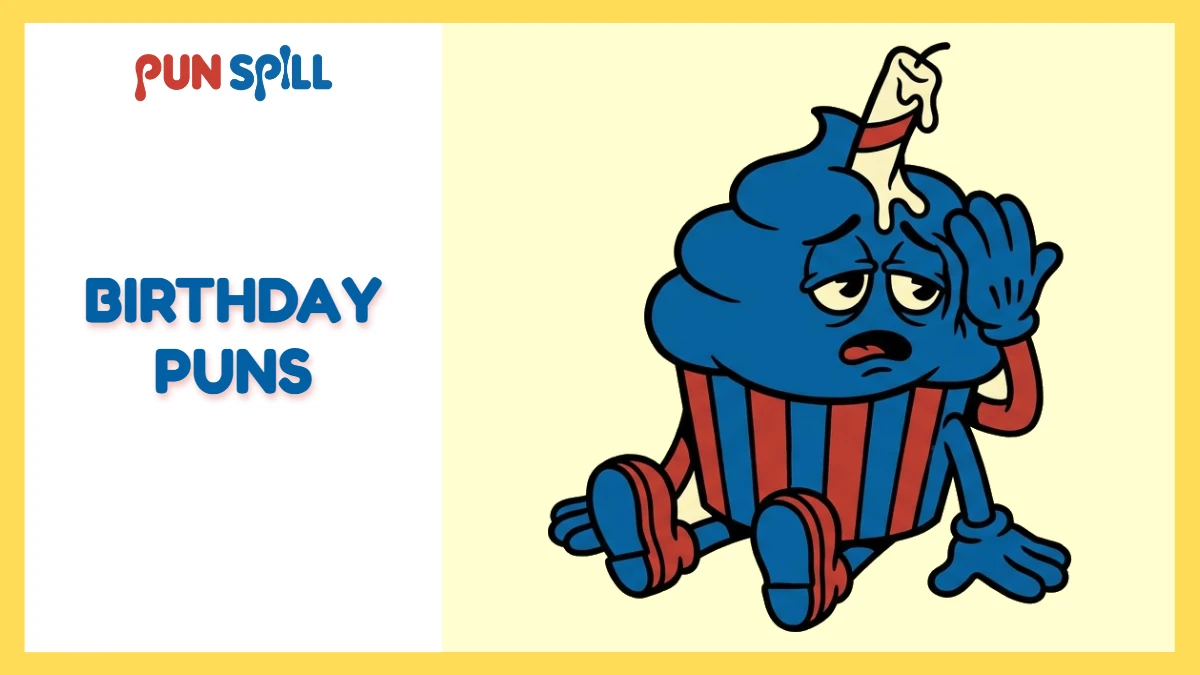 A distressed, anthropomorphic birthday cupcake face-palming to represent terrible birthday puns.